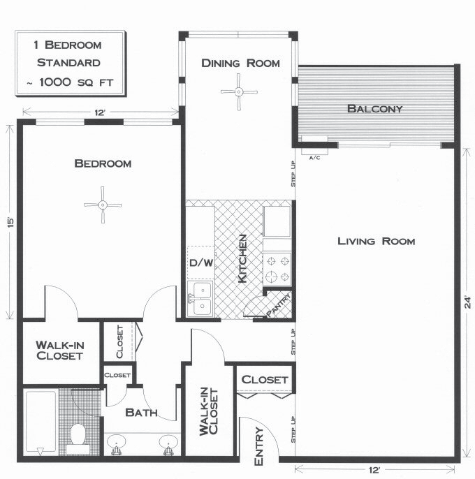 Floor plan for 1 bed, 1 bath, 1000 sqft